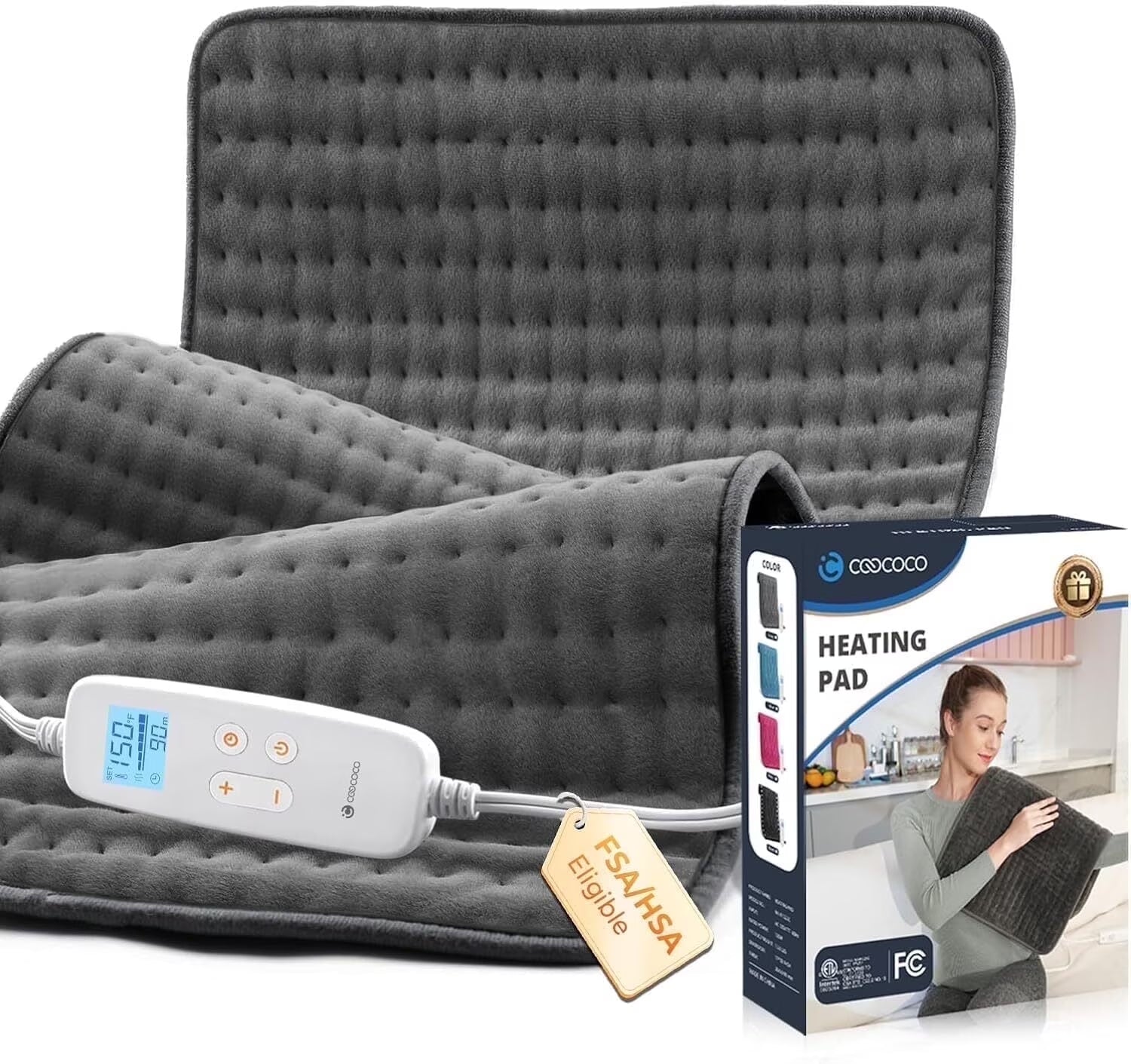 33"X17" Large Electric Heating Pad for Back Neck Shoulders Muscle Pain, Cramps Relief with Auto Shut Off, 3 Timer, 6 Temp Controller, Gifts