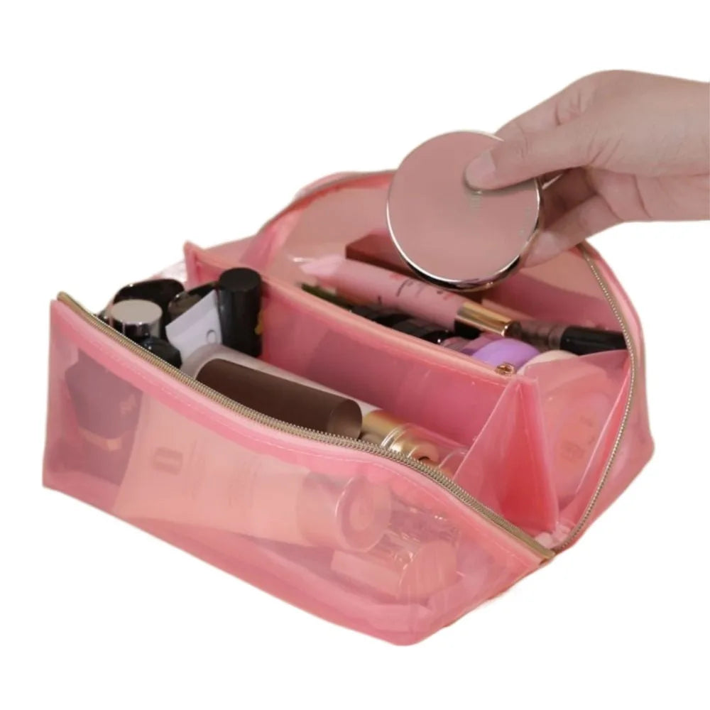 Large Capacity Transparent Makeup Bag Pillow Shape Top Handle Portable Cosmetic Pouch Zipper Closure Easy Carry-On