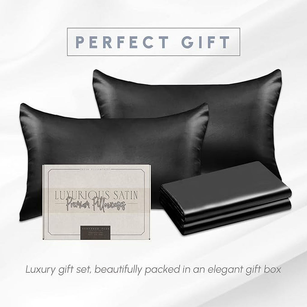 2 PACK Cooling Viscose Satin Pillowcase Set with Hidden Zipper Closure, Standard/Queen, Black
