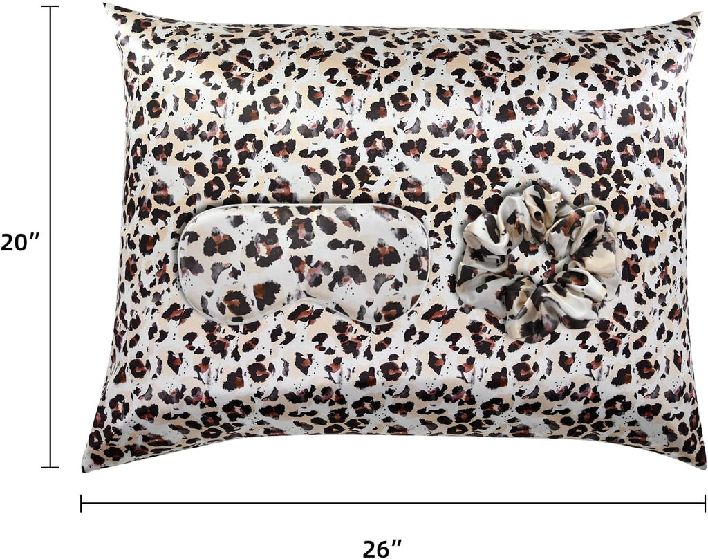 Elegant Luxury Satin Silk Pillowcase for Hair and Skin, Vegan Silk Pillowcase Cover Set with Hiden Zipper with Eye Mask and Scrunchie, Standard Size, Leopard