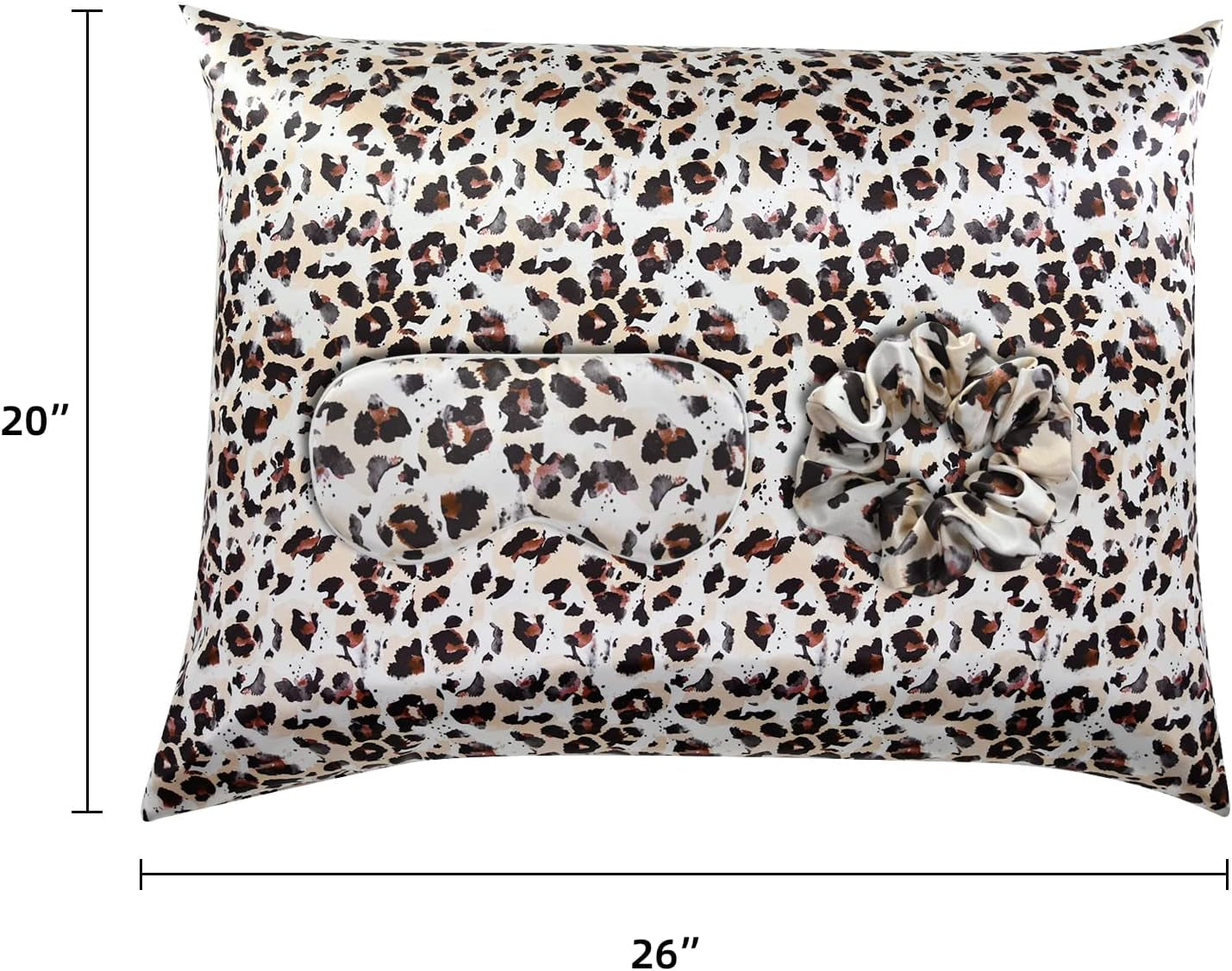 Elegant Luxury Satin Silk Pillowcase for Hair and Skin, Vegan Silk Pillowcase Cover Set with Hiden Zipper with Eye Mask and Scrunchie, Standard Size, Leopard