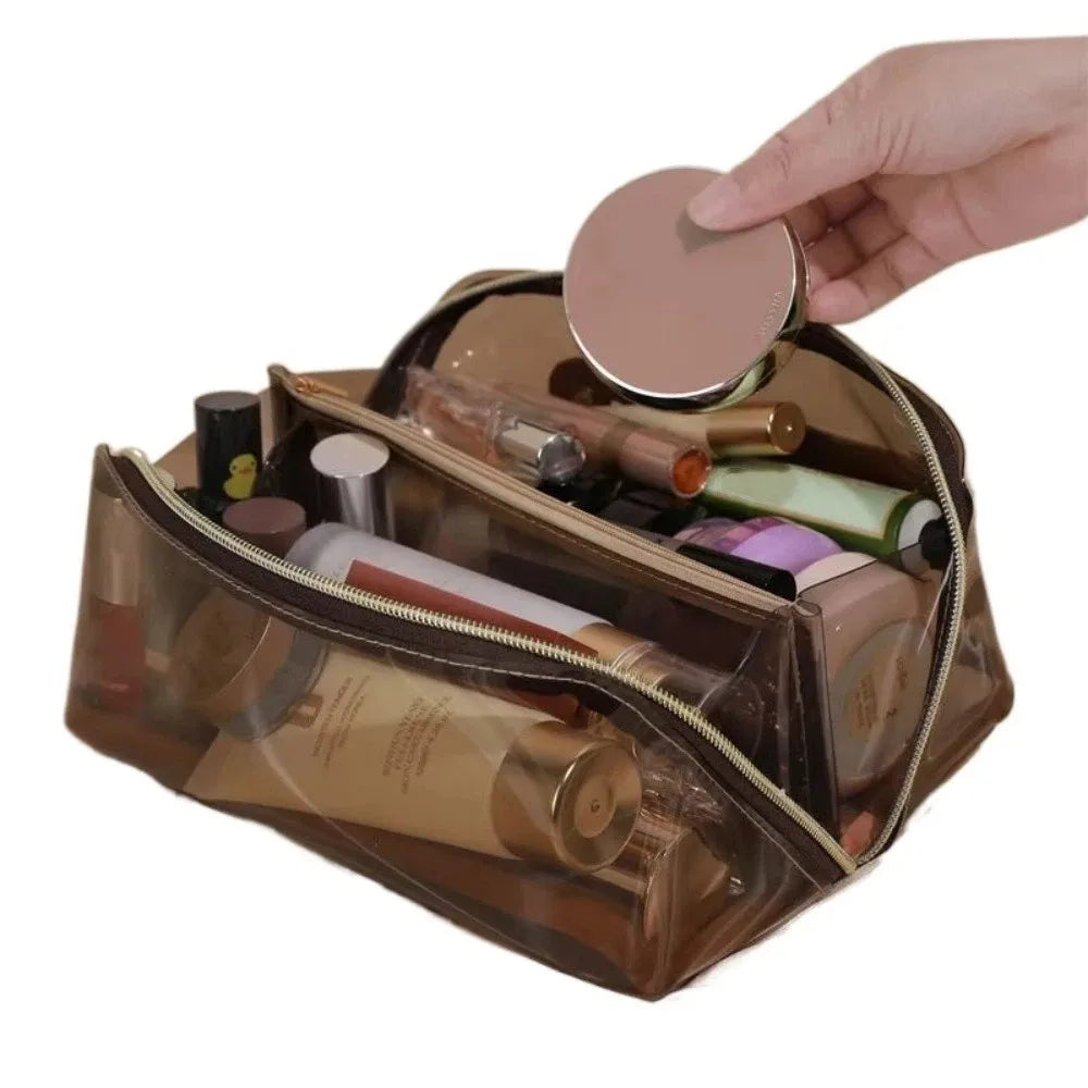 Large Capacity Transparent Makeup Bag Pillow Shape Top Handle Portable Cosmetic Pouch Zipper Closure Easy Carry-On