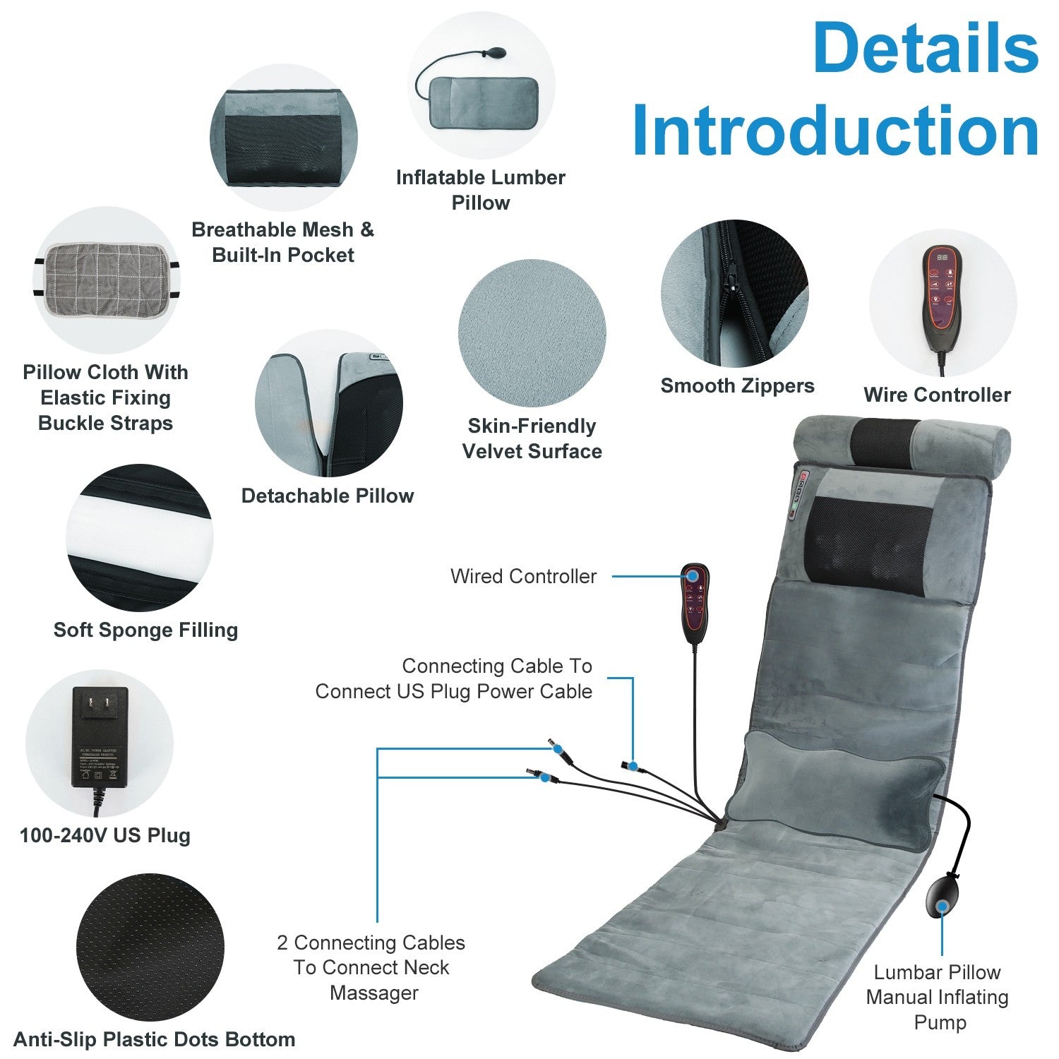 Full Body Electric Massage Mat W/Heat Vibration Massage Pad Cushion Back Massage